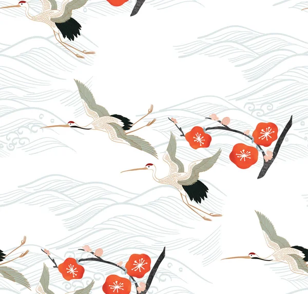 Crane Birds Vector Japanese Background Watercolor Texture Painting Natural Wave — 스톡 벡터