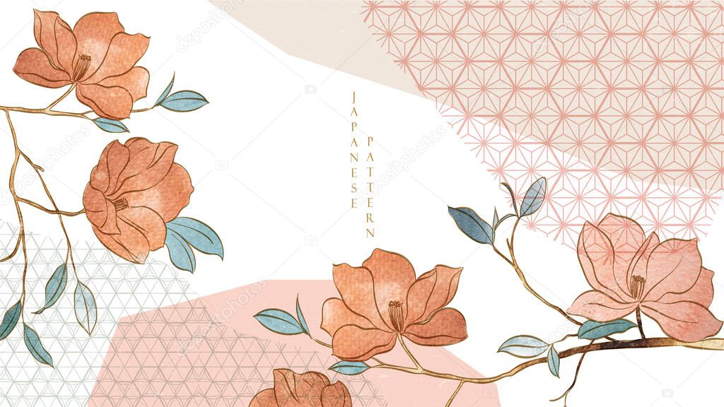 Flower background with geometric pattern vector. Abstract art banner design with Hand drawn floral elements. Watercolor texture with branch of leaves template in luxury style.