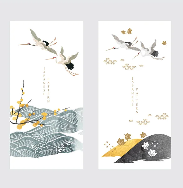 Vetor Pássaros Guindaste Fundo Água Japonês Com Textura Pintura Aquarela —  Vetores de Stock