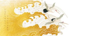 Japanese background with Gold texture in hand drawn wave vector. Abstract art ocean sea line pattern. Crane birds template banner design with geometric pattern in vintage style.