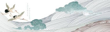 Japon arka planı ve çizgi dalga modeli vektörü. Vinç kuşları afişi ile soyut sanat şablonu. Dağ ormanları klasik tarzda dizayn edilmiş. Çin bulutu ve suluboya dokusu.