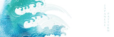 El çizimi okyanus çizgisi vektörlü Japon arka planı. Eski tarz mavi dokular. Sunum şablonu tasarımı, poster, cd kapağı, broşür, web sitesi arka planı, afiş veya reklam. 