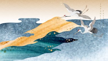 Crane birds vector. Japanese background with watercolor painting texture . Oriental natural wave pattern with ocean sea decoration banner design in vintage style. brush stroke element.