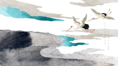 Turna kuşu vektörü. Suluboya desenli Japon arkaplanı. Doğu doğal dalgası desenli, okyanus dekorasyonu pankart tasarımlı, klasik tarzda. Soyut sanat örüntüsü ögesi.