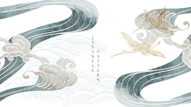 Çince elli turna kuşları klasik tarzda dalgalanıyor. Japonca arka plan ve suluboya doku vektörü. Sanat manzarası afiş tasarımı. 