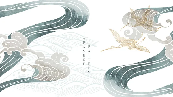 Çince elli turna kuşları klasik tarzda dalgalanıyor. Japonca arka plan ve suluboya doku vektörü. Sanat manzarası afiş tasarımı. 