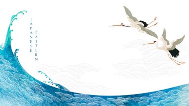 Japanese background with hand drawn wave in vintage style. Art chinese landscape banner design. Water surface element. Crane birds element.