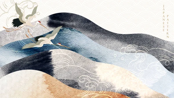 Geometrik desenli soyut sanat şablonu olan turna kuşları. Japonca arka plan ve suluboya doku vektörü. Doğu tarzında dağ manzarası tasarımı. Gri ve siyah pankart.