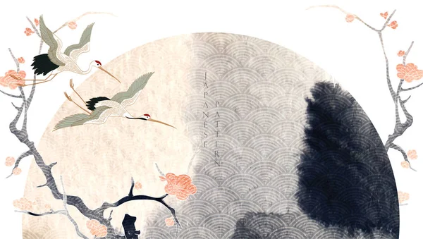 Fond Japonais Avec Ligne Dessinée Main Fleur Cerisier Style Vintage — Image vectorielle