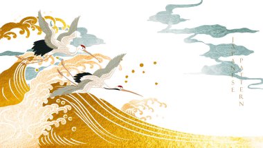 Crane birds vector. Japanese background with watercolor texture painting texture. Oriental natural wave pattern with ocean sea decoration banner design in vintage style. Gold texture and blue color.