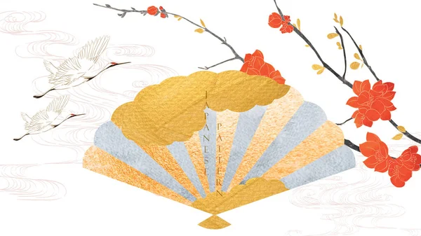 Crane Birds Gold Texture Fan Object Branch Leaves Flower Element — стоковый вектор
