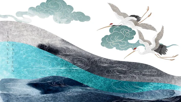 Turna kuşu vektörü. Suluboya desenli Japon arkaplanı. Doğu doğal dalgası desenli, okyanus dekorasyonu pankart tasarımlı, klasik tarzda. Dağ Ormanı Sancak Tasarımı