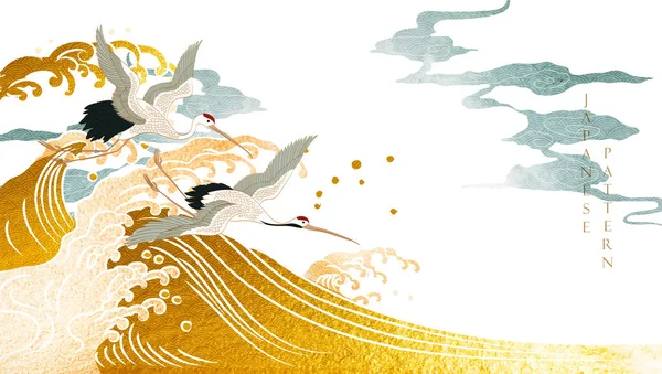 Kraanvogel Vector Japanse Achtergrond Met Aquarel Textuur Schilderen Textuur Oosterse — Stockvector