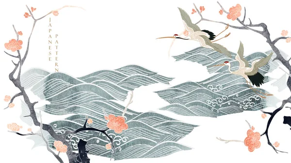 Turna Kuşu Vektörü Suluboya Desenli Japon Arkaplanı Doğu Doğal Dalgası — Stok Vektör