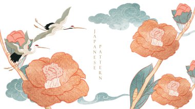 Çiçek desenli desen vektörlü Japon arka planı. Kamelya çiçeği, el yapımı Çin yapımı bulut süslemeleri klasik tarzda. Sanatsal afiş tasarımlı turna kuşu ögesi