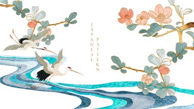 Turna kuşu vektörü. Suluboya desenli Japon arkaplanı. Doğu doğal dalgası desenli, okyanus dekorasyonu pankart tasarımlı, klasik tarzda. Ayrılma şablonu ögesi dalı