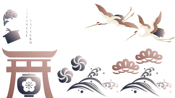 Японский Фон Элементом Крановых Птиц Абстрактное Искусство Традиционной Азиатской Иконой — стоковый вектор