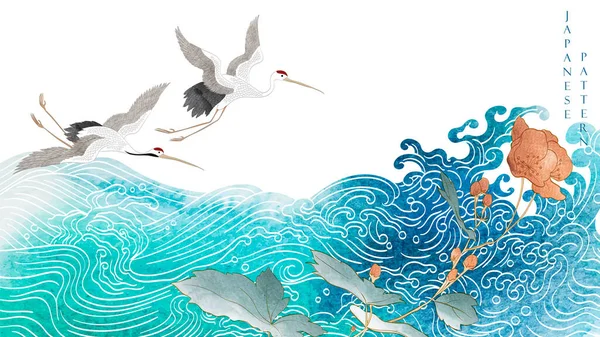 Kranfågelvektor Japansk Bakgrund Med Akvarell Textur Målning Konsistens Handritad Våg — Stock vektor