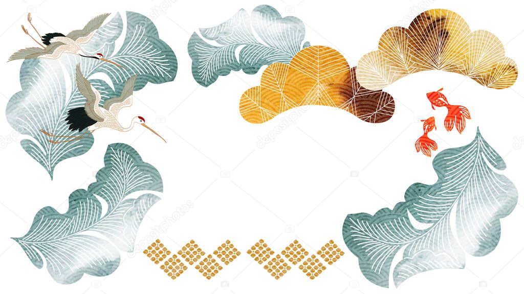 Japanese background with bonsai and leaves watercolor texture vector. Crane birds and carp fish decorations in vintage style. Art abstract banner design