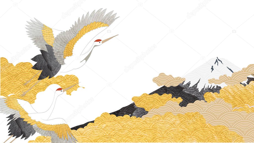 Crane birds with abstract art template with geometric pattern. Japanese background with gold texture vector. Mountain landscape layout design in oriental style. black and white banner.