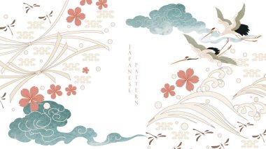 Kasımpatı çiçekli Japon arka planı. Şakayık çiçeği, Çin dalgası ve klasik tarzda bulut süslemeleri. Turna kuşları ve suluboya kart tasarımı. 