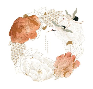 Japon deseni ve çiçek vektörüyle el çizimi şakayık çiçeği arkaplanı. Vinç kuşlarının afiş tasarımı, el ilanı ya da klasik tarzda sunumu ile oryantal dekorasyon. Pembe suluboya dokusu.