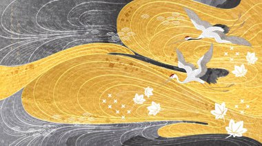 Abstract landscape with Japanese wave pattern vector. Nature art background with hand drawn line invitation card template in vintage style. Asian traditional with crane birds banner in oriental style.