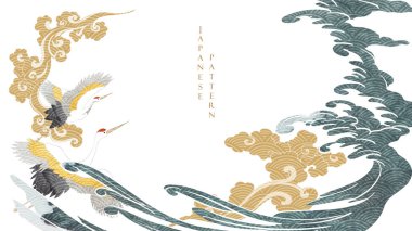 Turna kuşu vektörü. Japon arka planında suluboya boya boya var. Doğu doğal dalgası desenli, okyanus dekorasyonu pankart tasarımlı, klasik tarzda. Çin bulut desenli element.