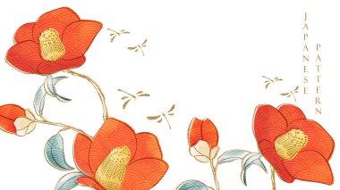 Kırmızı Çiçek ve yusufçuk elementi, el çizimi, klasik tarzda. Altın ve çiçek desenleri klasik tarzda. Suluboya desenli afiş tasarımlı doğulu bitki örtüsü..