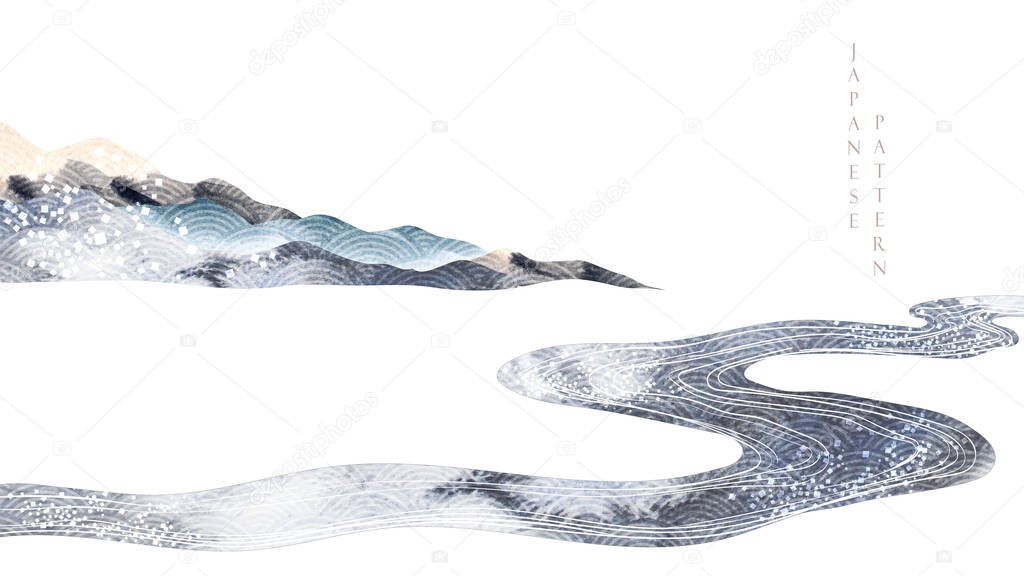 Abstract art template with geometric pattern. Japanese background with watercolor texture vector. Mountain landscape design in oriental style. grey and black banner. Hand drawn line wave element.
