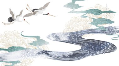 Siyah ve gri suluboya doku vektörlü Japon arka planı. Şakayık çiçeği, el çizimi Çin bulut süslemeleri klasik tarzda. Sanatsal afiş tasarımlı turna kuşu ögesi