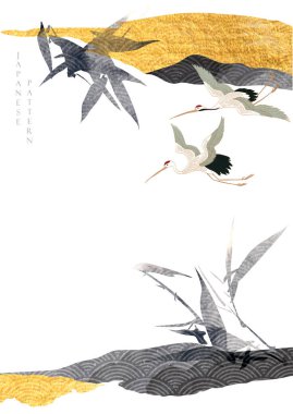 Turna kuşları ve Japon dalga desenli ve bambu dalı vektörlü soyut manzara. Altın ve siyah desenli eski moda dağ manzarası