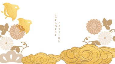 Japon çiçek desenli el çizimi bulut. Logo tasarımı, el ilanı, pankart ya da klasik tarzda sunumlu doğulu çiçek dekorasyonu. Kahverengi suluboya dokusu. Altın desen.