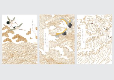 Turna kuşu vektörü. Suluboya desenli Japon arkaplanı. Elle çizilmiş okyanus dekorasyon afişi desenli doğu doğal dalga deseni.. 