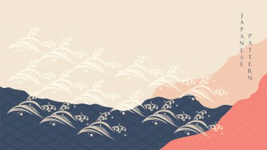 Doğu tarzında dağ manzarası tasarımı. Dalga dokusu vektörüyle Japon arka planı. Geometrik desenli soyut sanat şablonu. Asya geleneksel bayrağı.