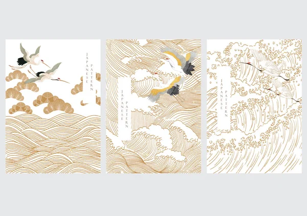 Kraanvogel Vector Japanse Achtergrond Met Aquarel Textuur Schilderen Textuur Oosterse — Stockvector