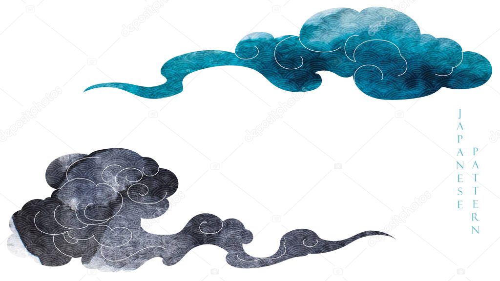 Chinese cloud decorations with blue and black watercolor texture in vintage style. Abstract art landscape elements
