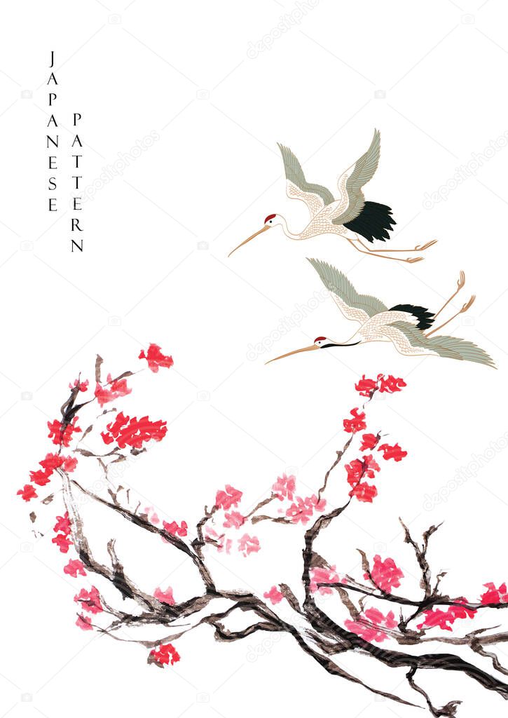 Crane birds and art natural landscape background with watercolor texture vector. Branch with leaves and cherry blossom flower decoration in vintage style