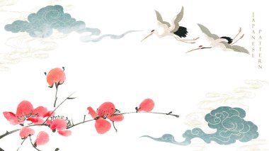 Kiraz çiçeği vektörlü Japon arka planı. El yapımı dalga ve Çin tarzı bulut süslemeleri. Sanatsal afiş tasarımlı turna kuşu ögesi