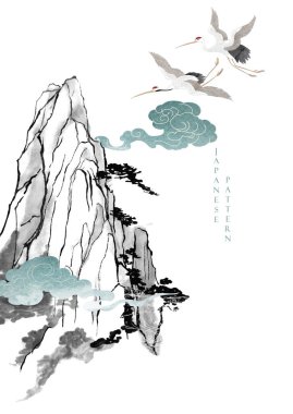 Geometrik desenli soyut sanat şablonuna sahip turna kuşları.