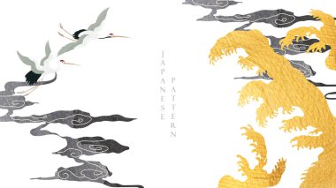 Turna kuşları ve Japon dalga desenli ve Çin bulut vektörlü soyut manzara. Altın ve Karadeniz desenli el çizgisi, klasik tarzda.