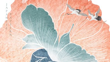 Japonca arka plan ve suluboya doku vektörü. Şakayık çiçekleri ve Çin dalgasıyla vinç kuşları klasik tarzda süslenir. Çiçek desenli sanat manzarası afişi tasarımı.