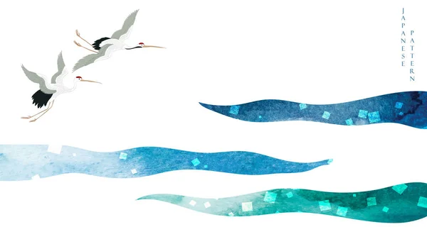 Crane Birds Blue Green Brush Stroke Texture Japanese Ocean Wave — Stockový vektor