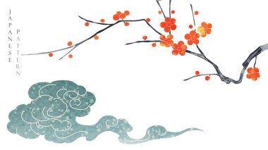 Suluboya doku vektörüyle sanat doğal manzara. Yapraklar ve kiraz çiçeği desenli bir dal. Çin bulut elementi.