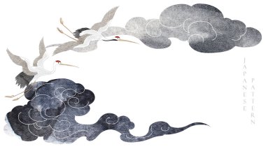 Siyah ve gri suluboya desenli Çin bulut süslemeleri. Vinç kuşlarıyla soyut sanat manzarası. El çizimi dalga elemanları