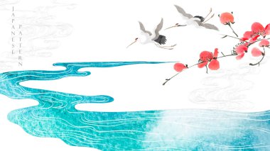Turna kuşu vektörü. Japon arka planında suluboya boya boya var. Doğu doğal dalgası desenli, okyanus dekorasyonu pankart tasarımlı, klasik tarzda. Çiçek maddesi. Kiraz çiçeği.