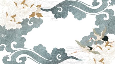 Japon desenli el yapımı Çin bulutu. Doğu dekorasyonu, logo tasarımı, el ilanı, afiş veya klasik tarzda sunum. Turna kuşları ve şakayık çiçekleriyle suluboya desen.