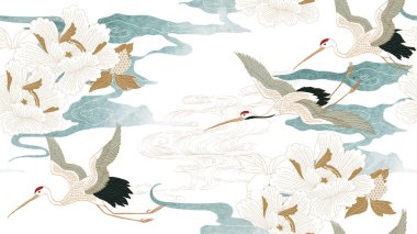 Turna kuşu vektörü. Suluboya desenli Japon arkaplanı. Klasik tarzda Çin bulut süsleme pankartı tasarımlı, doğuya özgü, pürüzsüz bir desen. Şakayık çiçek desenli element