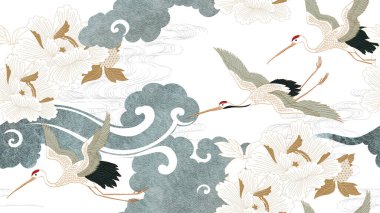 Turna kuşu vektörü. Mavi suluboya desenli Japon arka planı. Klasik tarzda Çin bulut süsleme pankartı tasarımlı, doğuya özgü, pürüzsüz bir desen. Şakayık çiçek desenli element.