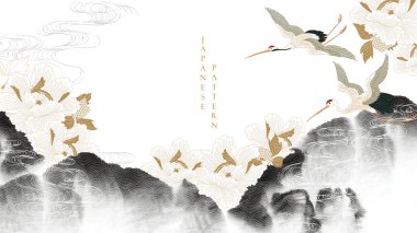 Turna kuşu vektörü. Suluboya desenli Japon arkaplanı. Doğu doğal dalgası desenli, okyanus dekorasyonu pankart tasarımlı, klasik tarzda. Şakayık çiçekli desen